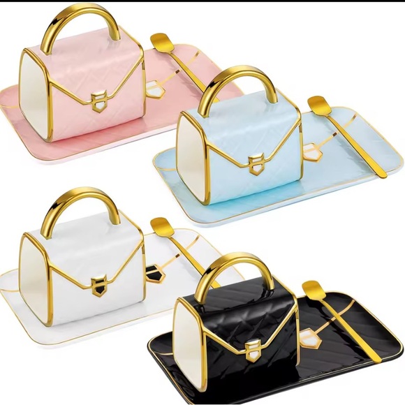 Elegant Ceramic Pink Gold-Trim Top-Handle  Women's Bag Mug & Plate - Picture 5 of 7